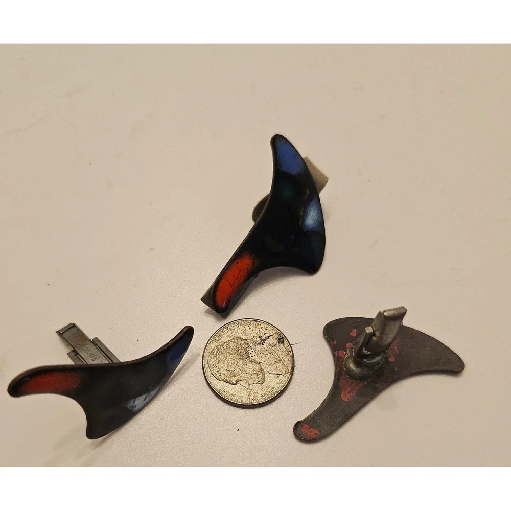 Vintage MCM Enamel Cufflink Tie Clip Set Black Orange Blue Abstract Boomerang